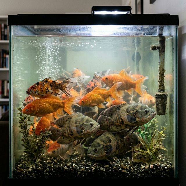 Перенаселений акваріум з великою кількістю великих риб