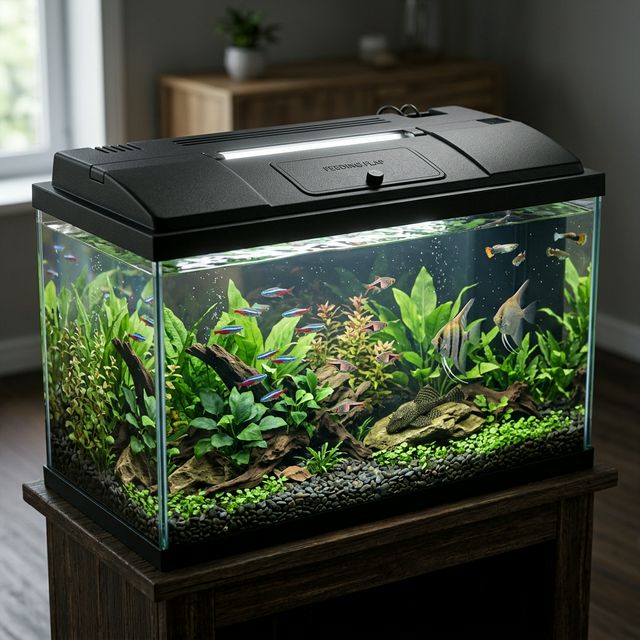 Класичний акваріум з пластиковою кришкою та підсвічуванням