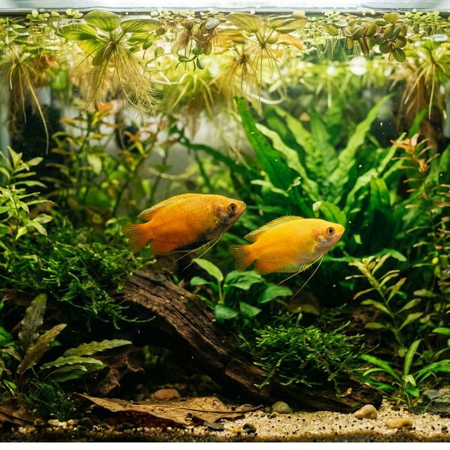Медовий гурамі серед плаваючих рослин